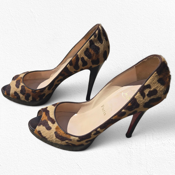 Christian Louboutin Leopard Pony Hair Very Prive Heels 39.5 US 9.5 Peep Toe Pump - Picture 3 of 16
